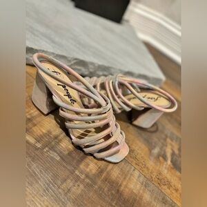 Free People Women’s Size 37 US 7 Colette Cinched Rainbow Metallic Block Heels